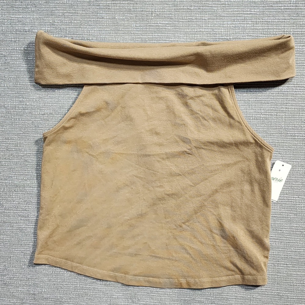 Aerie Tan Brown Off The Shoulder Crop Top Sleeveless Folded Neck Size L NEW - Picture 2 of 9